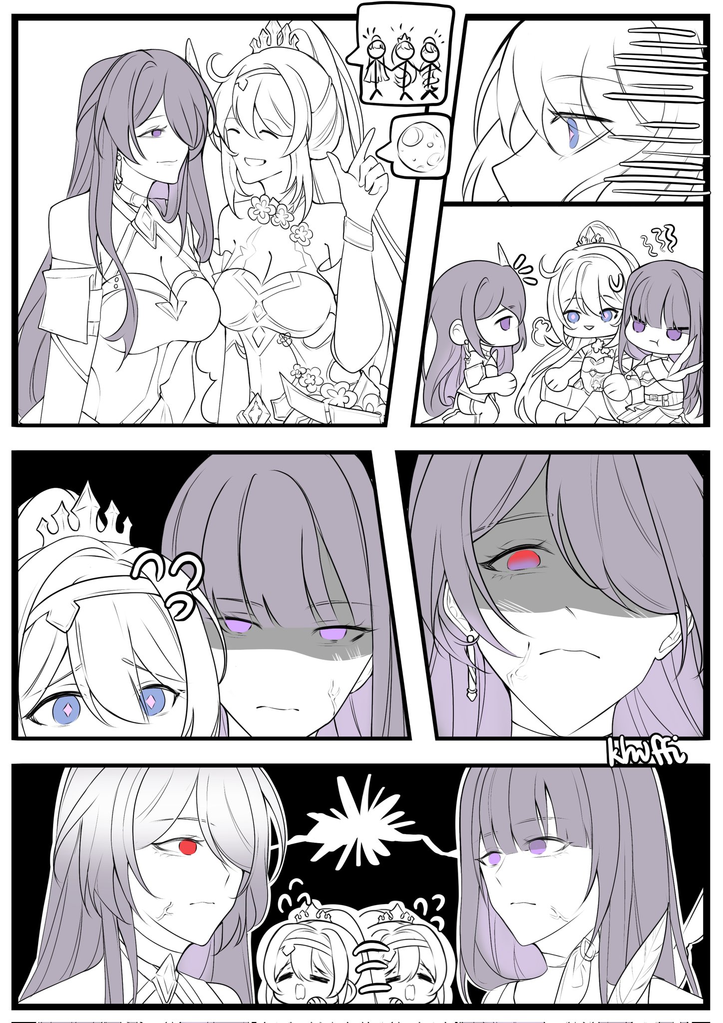 khuffi, acheron (honkai: star rail), kiana kaslana, kiana kaslana (herrscher of finality), raiden mei, raiden mei (apho), honkai: star rail, honkai (series), honkai impact 3rd, highres, 3girls, anger vein, bare shoulders, blue eyes, blunt bangs, breasts, earrings, floral print, hair ornament, hair over one eye, jewelry, large breasts, multiple girls, purple eyes, purple hair, red eyes, single earring, sleeveless, speech bubble, star-shaped pupils, star (symbol), symbol-shaped pupils, thought bubble, tiara, watermark, white hair, yuri