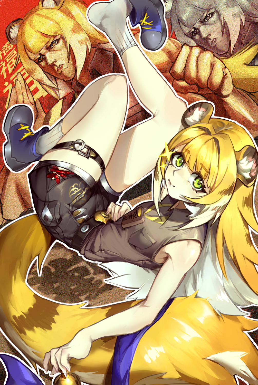 harry80779192, ju fufu, zenless zone zero, highres, 1girl, 2boys, animal ear fluff, animal ears, bare shoulders, blonde hair, blue shoes, bow, clenched hand, closed mouth, colored inner hair, fang, green eyes, grey shirt, high-waist shorts, legs up, long hair, looking at viewer, lying, medallion, multicolored hair, multiple boys, muscular, on back, orange fur, red background, shirt, shoes, shorts, socks, sparkle, striped fur, striped hair, tail, tail bow, tail ornament, thigh strap, tiger ears, tiger girl, tiger stripes, tiger tail, white socks
