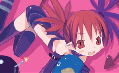 harada takehito, etna (disgaea), prinny, disgaea, makai senki disgaea, makai senki disgaea 2, nippon ichi, lowres, 00s, 1girl, bomb, boots, demon girl, explosive, female focus, gloves, happy, pink background, pointy ears, red eyes, red hair, solo, tail, thighhighs, wings