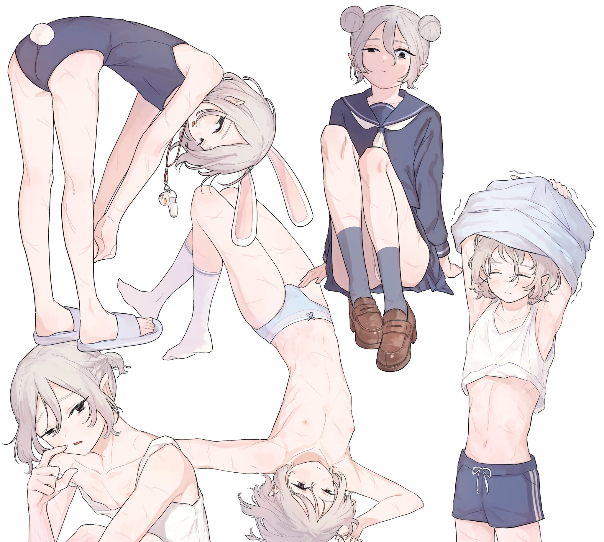 mchi125, mithrun, dungeon meshi, highres, 1boy, androgynous, animal ears, bags under eyes, black eyes, blush, braid, crossdressing, crossdressing (mtf), double bun, elf, grey hair, hair bun, lazy eye, loafers, looking at viewer, male focus, multiple scars, multiple views, navel, neckerchief, nipples, notched ear, panties, pointy ears, ponytail, rabbit ears, rabbit tail, sailor collar, scar, school swimsuit, school uniform, serafuku, shirt, shoes, short hair, simple background, skirt, socks, solo focus, swimsuit, tail, trap, underwear, underwear only, undressing, uneven eyes, wavy hair, whistle, whistle around neck, white background
