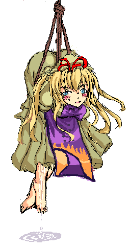 monikano, yakumo yukari, touhou, lowres, 1girl, barefoot, bdsm, bondage, bound, female focus, oekaki, solo, suspension