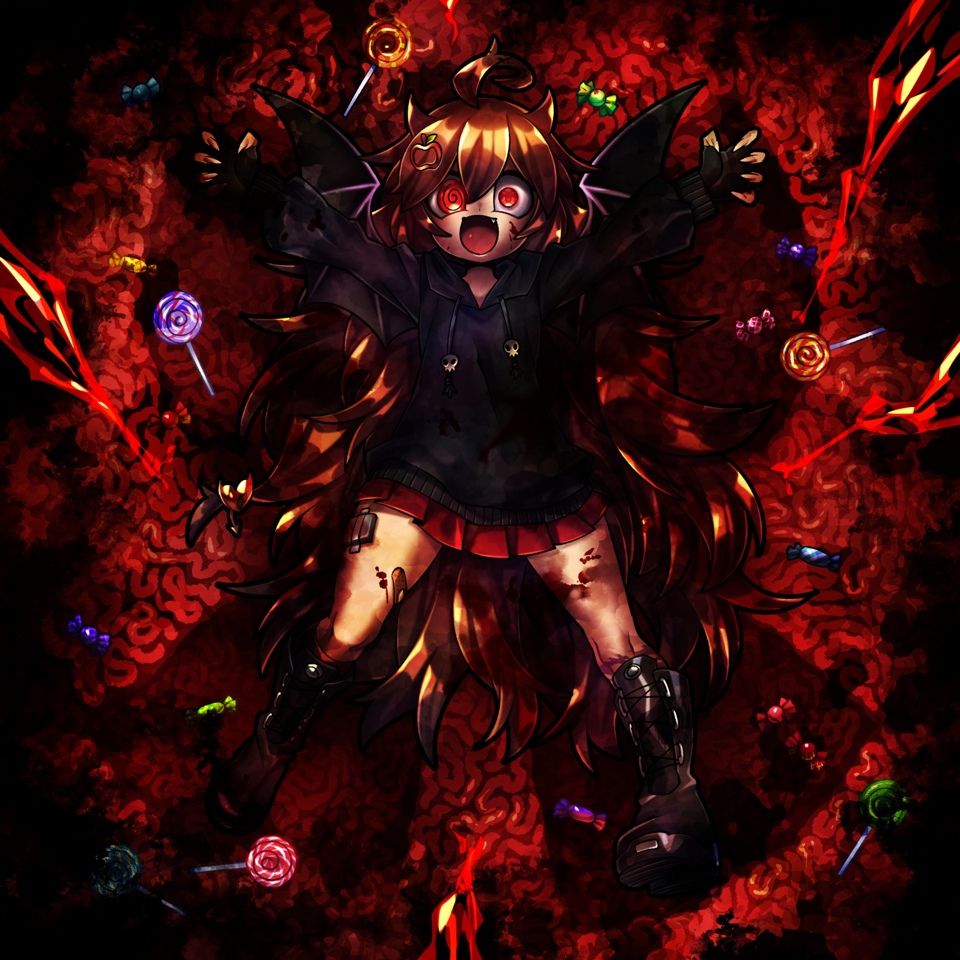 senmu (0107), original, commission, commissioner upload, highres, non-web source, skeb commission, 1girl, :d, @ @, ahoge, apple hair ornament, black boots, black hoodie, blood, boots, candy, demon wings, fang, fingerless gloves, fingernails, food, food-themed hair ornament, gloves, hair between eyes, hair horns, hair ornament, hairclip, hood, hoodie, injury, intestines, long hair, looking at viewer, mismatched pupils, open mouth, red hair, red skirt, sharp fingernails, skirt, smile, wings