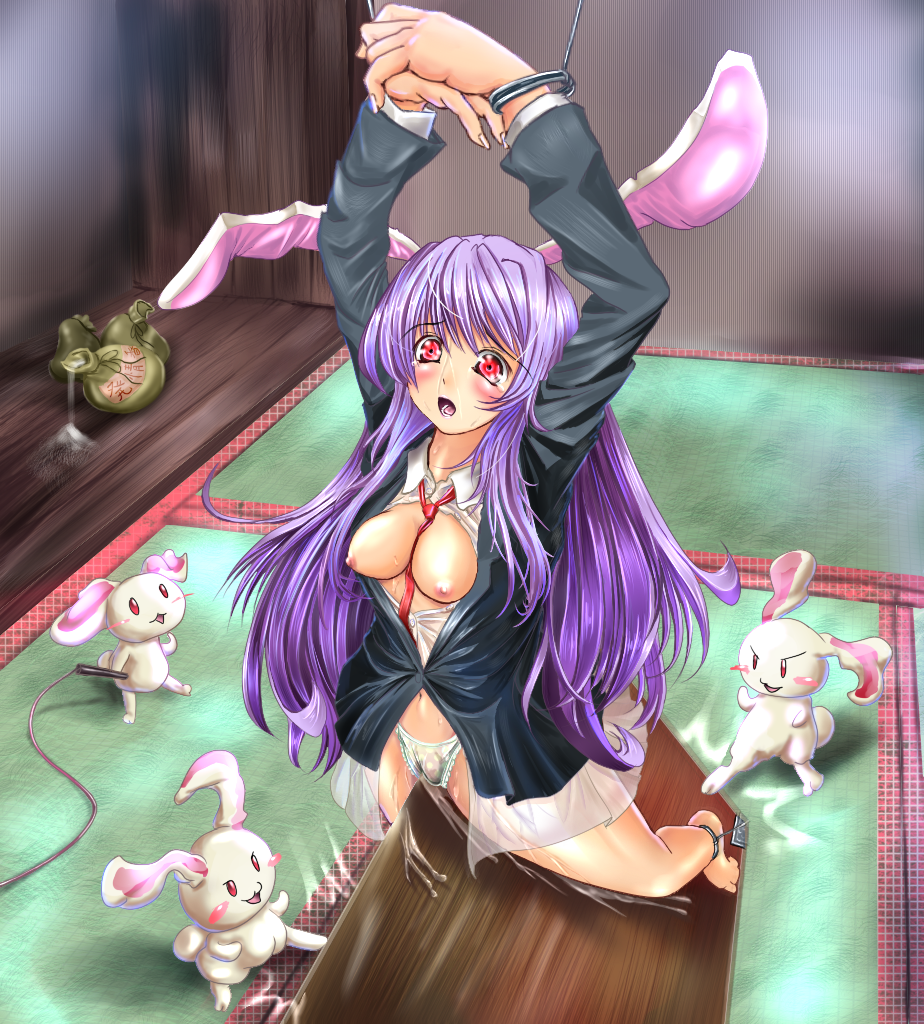 monikano, reisen udongein inaba, touhou, 1girl, animal ears, arms up, assisted exposure, barefoot, bdsm, bondage, bound, breasts, cruelty to animals, cuffs, female ejaculation, female ejaculation through clothes, female focus, green panties, medium breasts, nipples, open clothes, open shirt, panties, rabbit, rabbit ears, shirt, solo, tears, torture, underwear, wooden horse