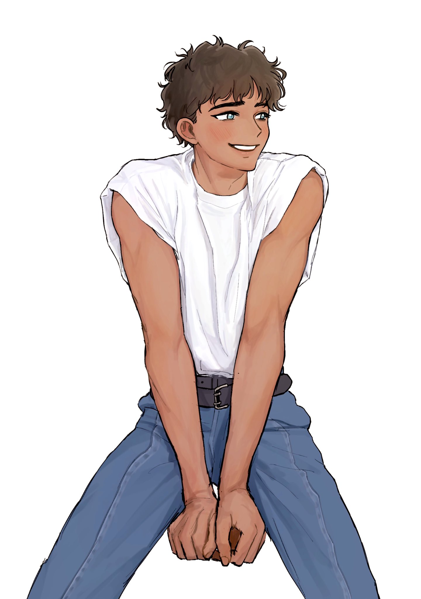 mchi125, kabru, dungeon meshi, highres, 1boy, black hair, blue eyes, blush, cowboy shot, curly hair, dark-skinned male, dark skin, denim, jeans, male focus, open mouth, pants, shirt, short hair, short sleeves, simple background, smile, solo, white background, white shirt
