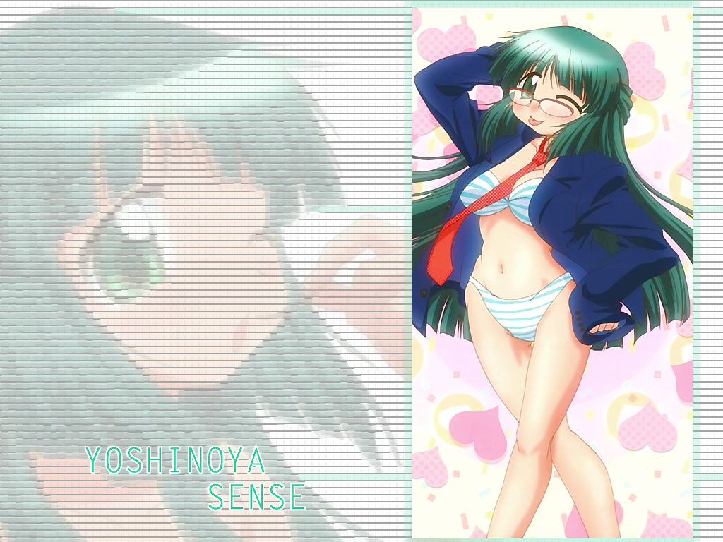 yoshinoya (hidamari sketch), hidamari sketch, 00s, 1girl, bikini, breasts, female focus, glasses, green eyes, green hair, jacket, matching hair/eyes, medium breasts, necktie, solo, swimsuit, tongue, white bikini
