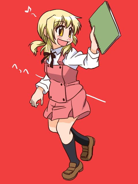 miyako (hidamari sketch), hidamari sketch, tagme, 00s, blonde hair, running, simple background, sketchbook, solo