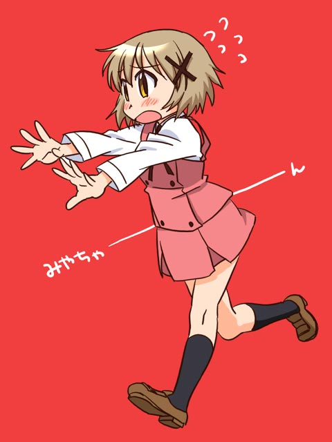 yuno (hidamari sketch), hidamari sketch, artist request, 00s, 1girl, brown eyes, brown hair, female focus, hair ornament, hairclip, open mouth, running, school uniform, short hair, socks, solo, yamabuki high school uniform