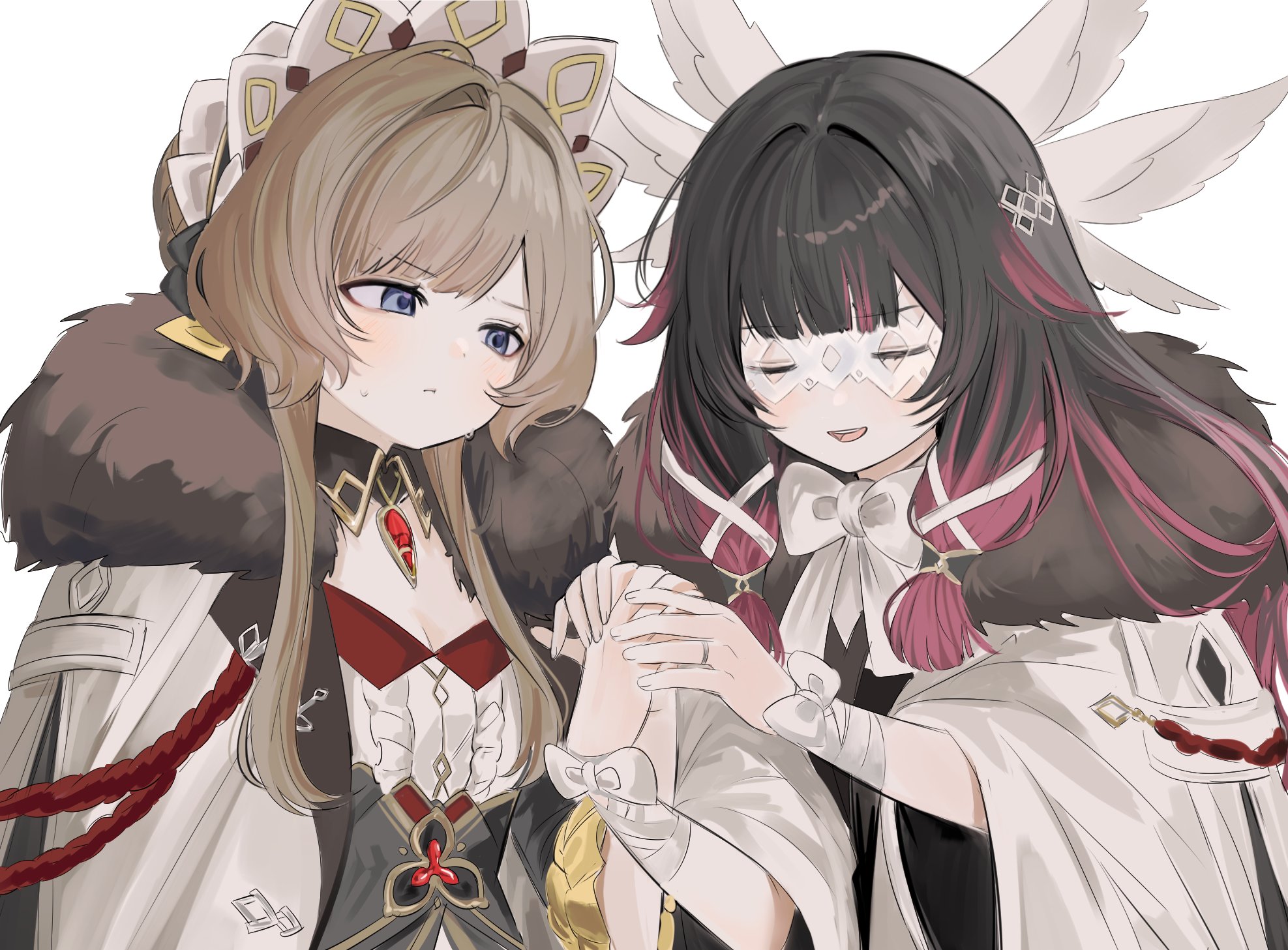 kocokooo, columbina (genshin impact), sandrone (genshin impact), genshin impact, hashtag-only commentary, highres, 2girls, :t, black collar, black hair, blue eyes, blunt bangs, bow, brown hair, closed eyes, closed mouth, coat, collar, dot nose, dress, eye mask, fatui coat, fur-trimmed coat, fur trim, gem, hair ribbon, hand grab, head wings, headdress, jewelry, light blush, looking at another, multicolored hair, multiple girls, open mouth, pink hair, red gemstone, ribbon, ring, short hair with long locks, simple background, sweat, two-tone hair, upper body, white background, white bow, white coat, white headdress, white ribbon, white wings, wings