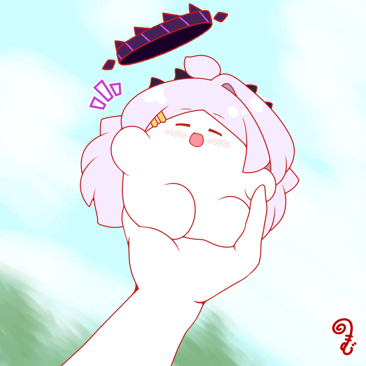 kurukurumagical, hina (blue archive), blue archive, commentary request, highres, 1girl, 1other, :d, blush, chibi, closed eyes, day, hair ornament, hairclip, halo, holding, long hair, notice lines, open mouth, outdoors, parallel hairclips, purple hair, purple halo, smile, very long hair