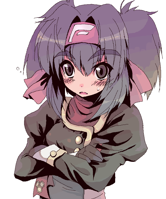 fukai ryosuke, klan klein, meltrandi, zentradi, macross, macross frontier, bad id, bad pixiv id, 00s, blue hair, blush, brown eyes, crossed arms, fang, headband, oekaki, s.m.s., solo