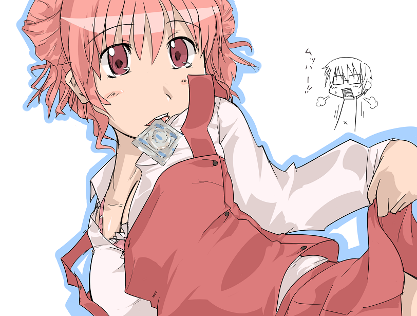 xo160, hiro (hidamari sketch), sae (hidamari sketch), hidamari sketch, 00s, 2girls, bra, breasts, cleavage, clothes lift, condom, condom in mouth, lingerie, mouth hold, multiple girls, skirt, skirt lift, small breasts, underwear