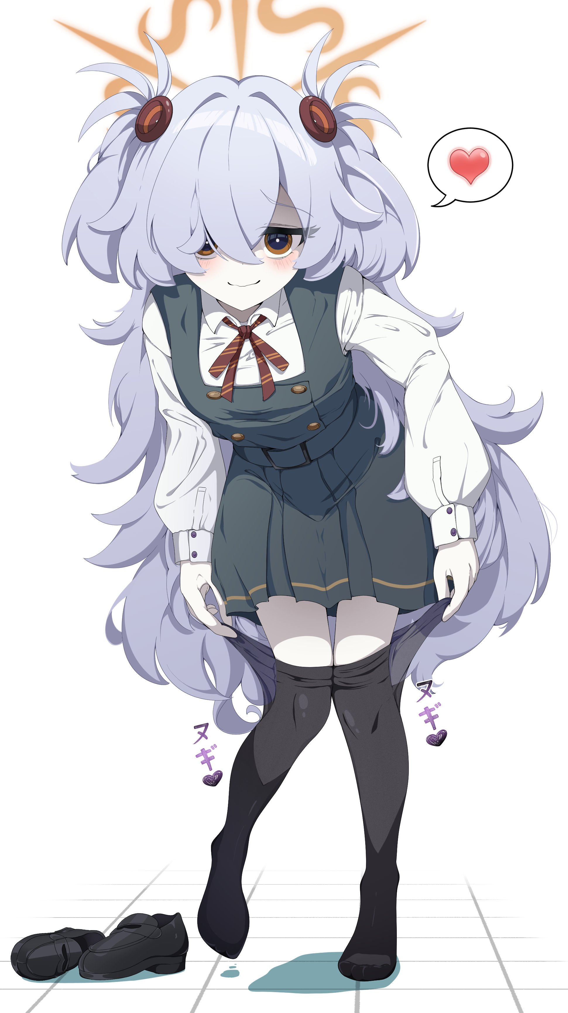 kanoe (blue archive), blue archive, absurdres, highres, 1girl, black eyes, black pantyhose, black shoes, bow, brown eyes, brown halo, collared shirt, diagonal-striped bow, dress, floor, hair bobbles, hair ornament, halo, heart, leaning forward, leg up, long hair, long sleeves, mojyo, multicolored eyes, pale skin, pantyhose, pinafore dress, pleated skirt, puffy sleeves, rei hinasuki, removing pantyhose, shirt, shoes, short twintails, simple background, skirt, sleeveless, sleeveless dress, smug, solo, spoken heart, striped bow, thighs, twintails, two-tone eyes, white background
