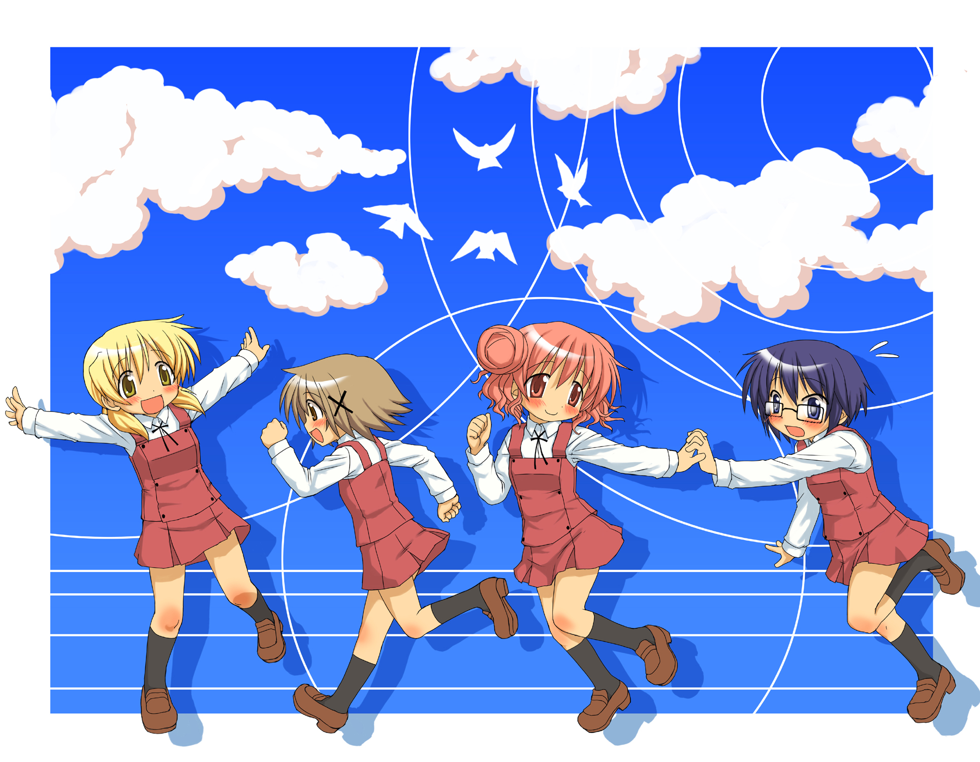 rokko, hiro (hidamari sketch), miyako (hidamari sketch), sae (hidamari sketch), yuno (hidamari sketch), hidamari sketch, bad id, bad pixiv id, highres, 00s, 4girls, bird, cloud, day, holding hands, multiple girls, running, sky