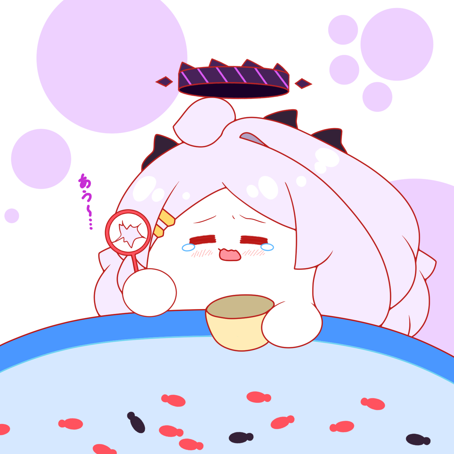 kurukurumagical, hina (blue archive), blue archive, commentary request, highres, translation request, 1girl, = =, ahoge, blush, bowl, chibi, chibi only, closed eyes, halo, holding, holding bowl, long hair, open mouth, purple hair, purple halo, solo, white background
