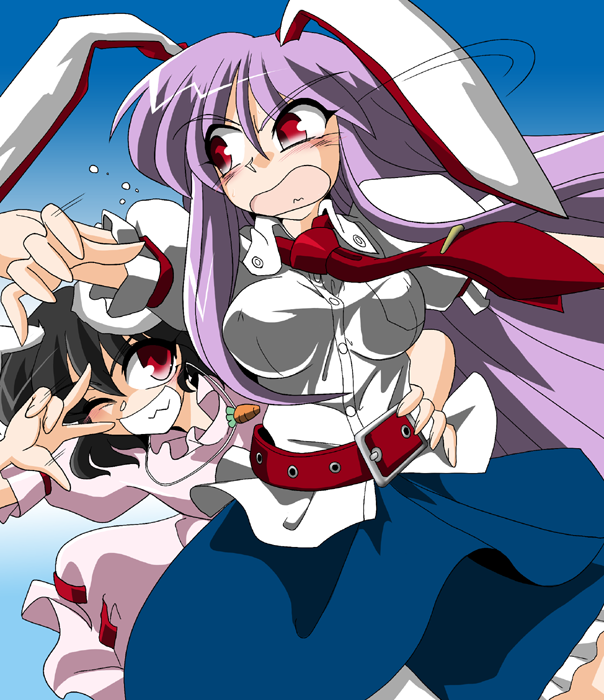 kieyza, kiezya, inaba tewi, reisen udongein inaba, touhou, 1girl, animal ears, black hair, breasts, female focus, gradient background, purple hair, rabbit ears, red eyes, solo, standing
