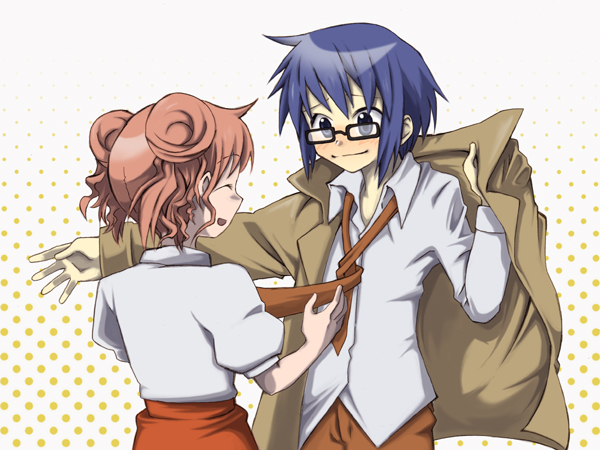 sabanomisoni gonta, hiro (hidamari sketch), sae (hidamari sketch), hidamari sketch, bad id, bad pixiv id, 00s, 2girls, blush, coat, dressing, glasses, multiple girls, necktie, trench coat