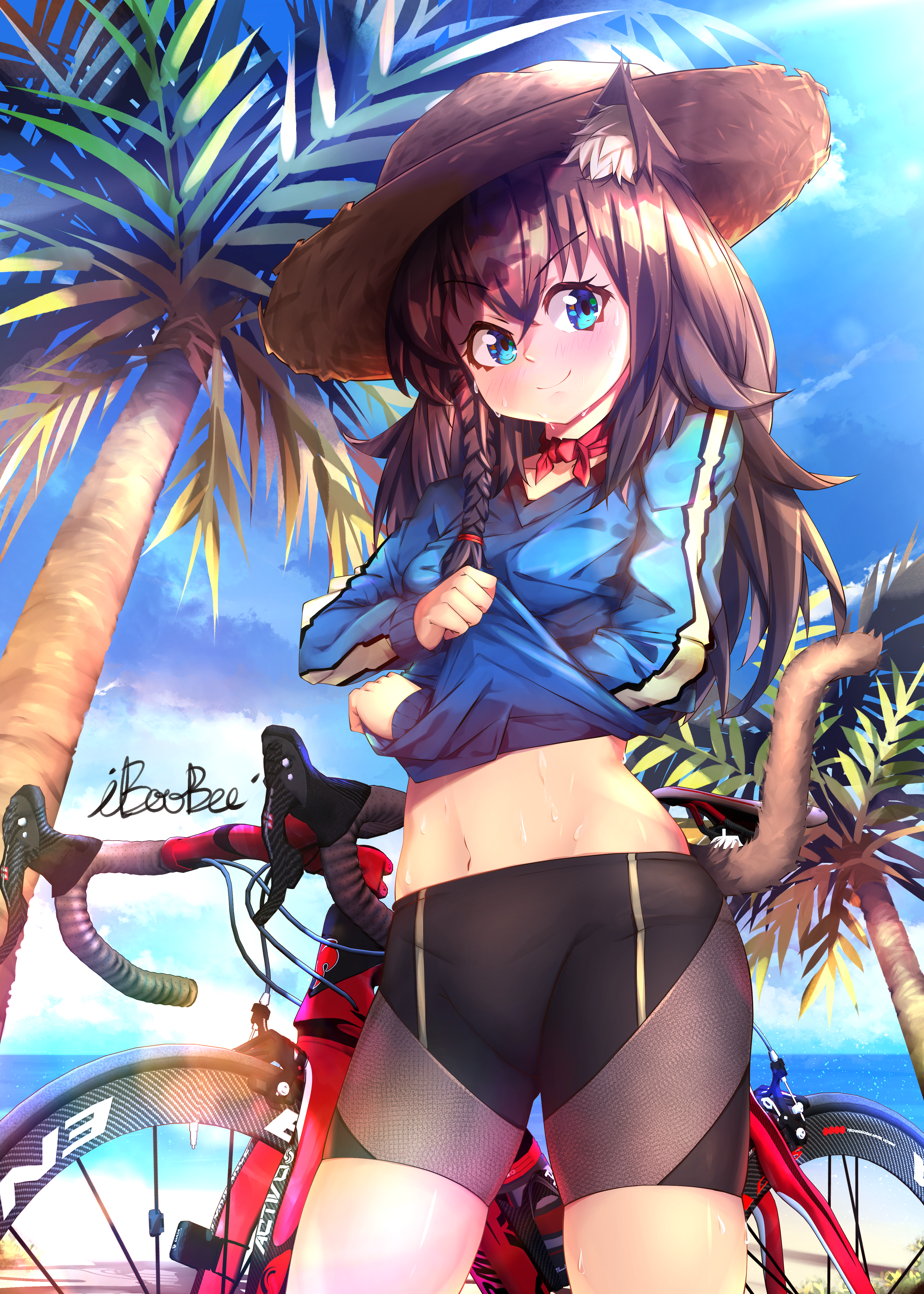 iboobee, original, absurdres, commission, commissioner upload, highres, non-web source, animal ear fluff, animal ears, aqua eyes, beach, bicycle, bike shorts, braid, brown hair, cat ears, cat girl, cat tail, hat, long hair, mewry (fuki nyan), midriff peek, navel, palm tree, side braid, signature, single braid, smile, straw hat, sweat, sweatdrop, tail, tree
