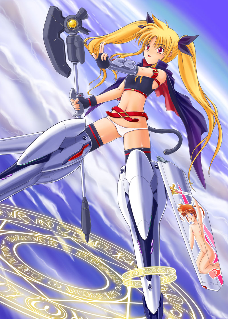 akusyu 0.5 second, bardiche (nanoha), fate testarossa, takamachi nanoha, lyrical nanoha, mahou shoujo lyrical nanoha, strike witches, world witches series, 1girl, blonde hair, female focus, flat chest, lowleg, lowleg panties, magic circle, nipples, nude, panties, parody, solo, standing, standing on magic circle, striker unit, underwear
