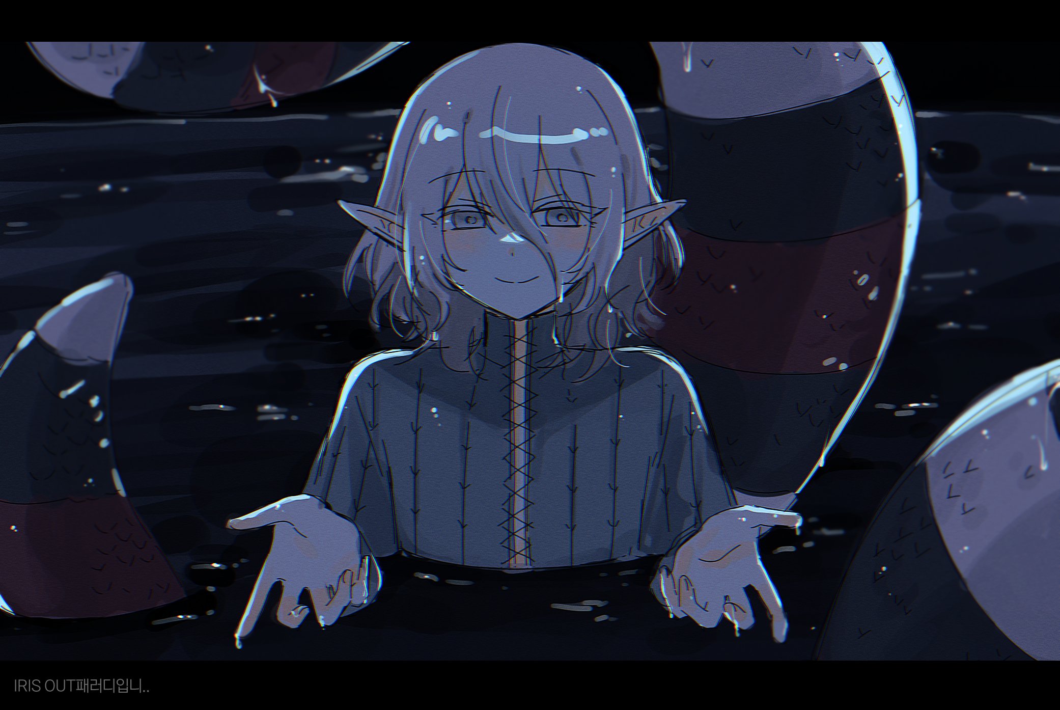 mithrun, chainsaw man, dungeon meshi, highres, translation request, 1boy, blush, eggsand daisuki, elf, grey eyes, grey hair, high collar, korean text, long sleeves, looking at viewer, male focus, medium hair, mithrun (young), parody, partially submerged, pointy ears, scene reference, smile, snake, solo, upper body, water, wet, wet hair