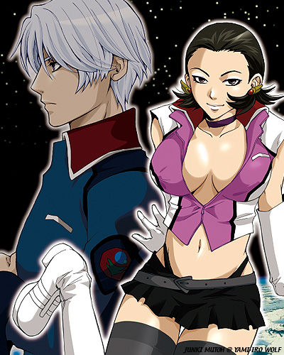 junki mutoh, mutou junki, mudie holcroft, sven cal bayan, gundam, gundam seed, gundam seed c.e. 73: stargazer, lowres, 00s, black hair, breasts, choker, cleavage, earrings, elbow gloves, eyeshadow, gloves, huge breasts, jewelry, lipstick, makeup, midriff, military, military uniform, panties, purple eyes, short hair, skirt, thighhighs, underwear, zettai ryouiki
