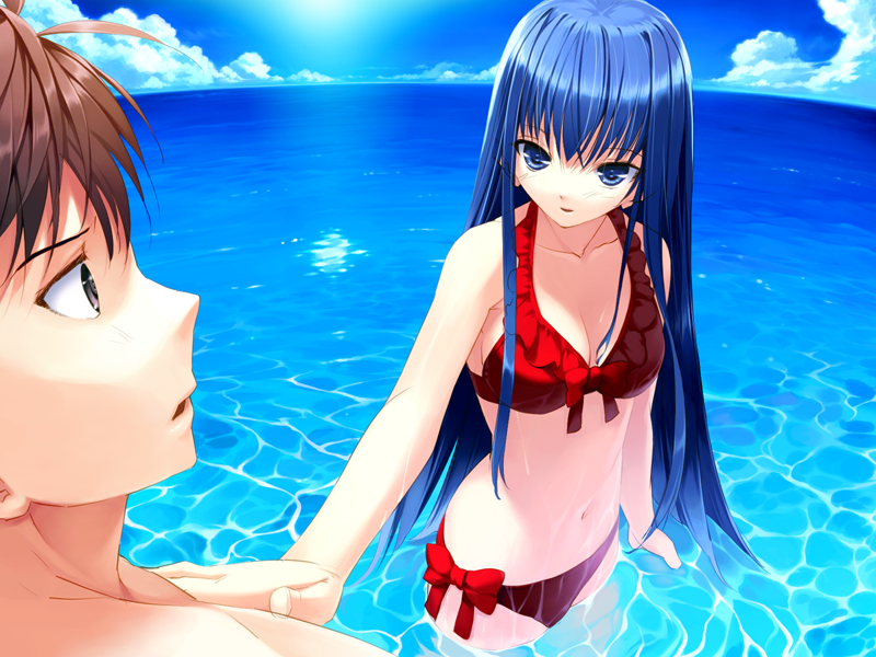 ueda ryou, itsuki aoba, soshite ashita no sekai yori, game cg, 1boy, 1girl, bikini, blue eyes, blue hair, breasts, brown hair, cleavage, day, front-tie top, hand on another's chest, long hair, medium breasts, navel, ocean, red bikini, side-tie bikini bottom, swimsuit, very long hair, wading, water