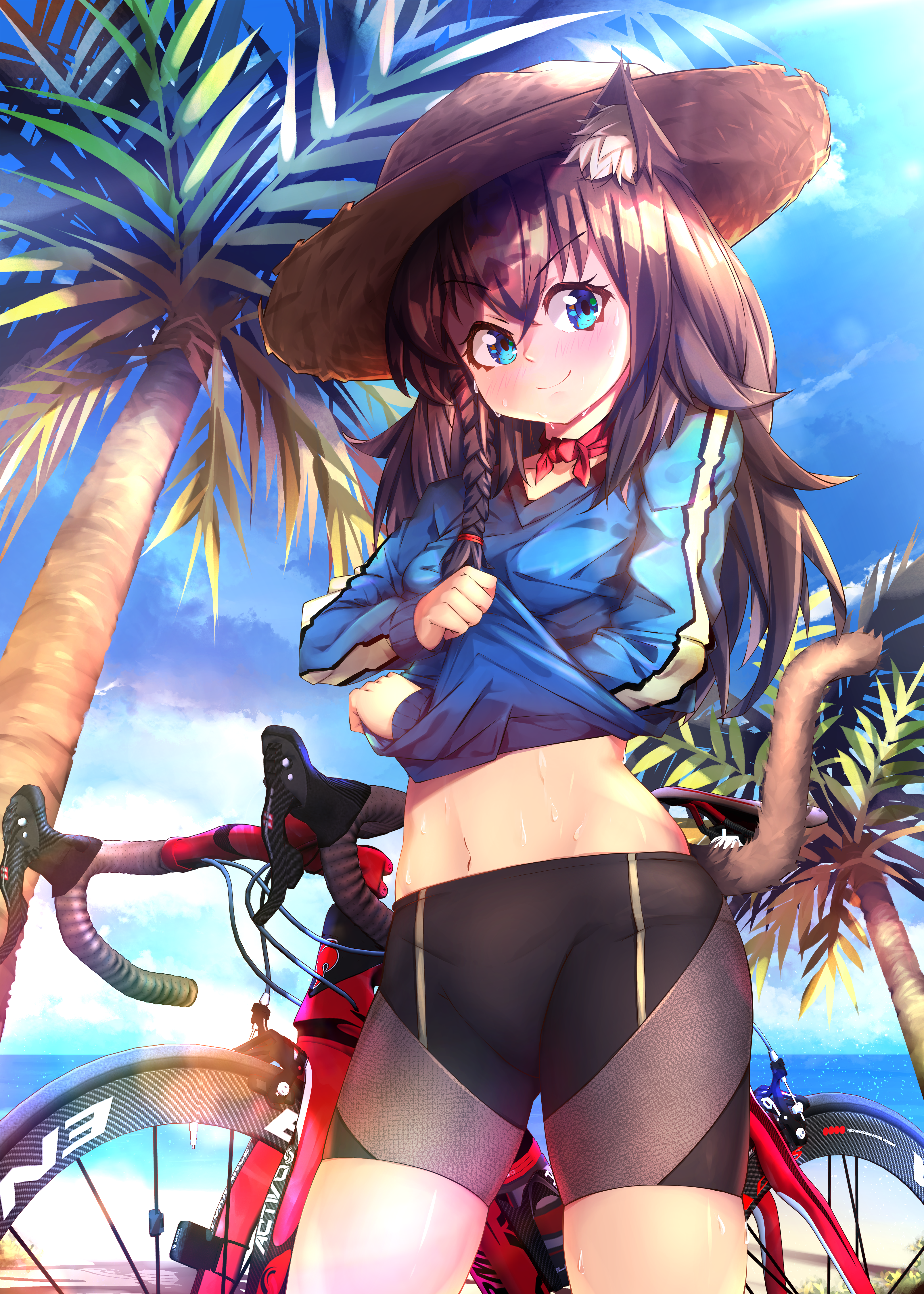iboobee, original, absurdres, commission, commissioner upload, highres, non-web source, animal ear fluff, animal ears, aqua eyes, beach, bicycle, bike shorts, braid, brown hair, cat ears, cat girl, cat tail, hat, long hair, mewry (fuki nyan), midriff peek, navel, palm tree, side braid, single braid, smile, straw hat, sweat, sweatdrop, tail, tree