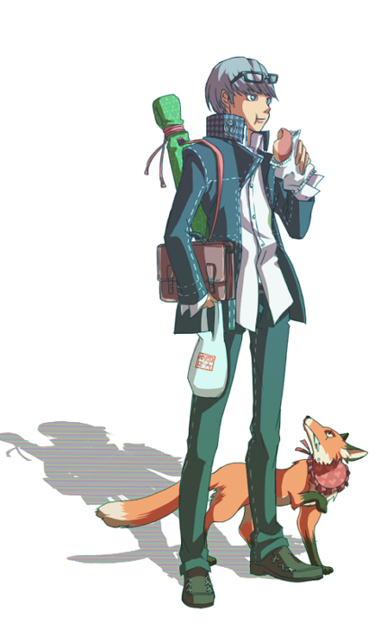 eeteru, kitsune (persona 4), narukami yu, atlus, persona, persona 4, 1boy, bread, food, fox, glasses, male focus, solo, sword, weapon