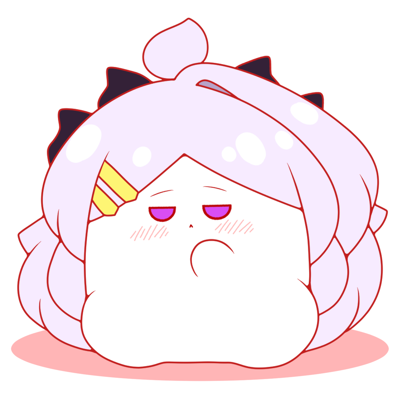 kurukurumagical, hina (blue archive), blue archive, commentary request, highres, 1girl, :<, ahoge, blush, chibi, chibi only, closed mouth, full body, hair ornament, hairclip, hand up, jitome, long hair, looking at viewer, parallel hairclips, purple eyes, purple hair, simple background, sitting, solo, very long hair, white background