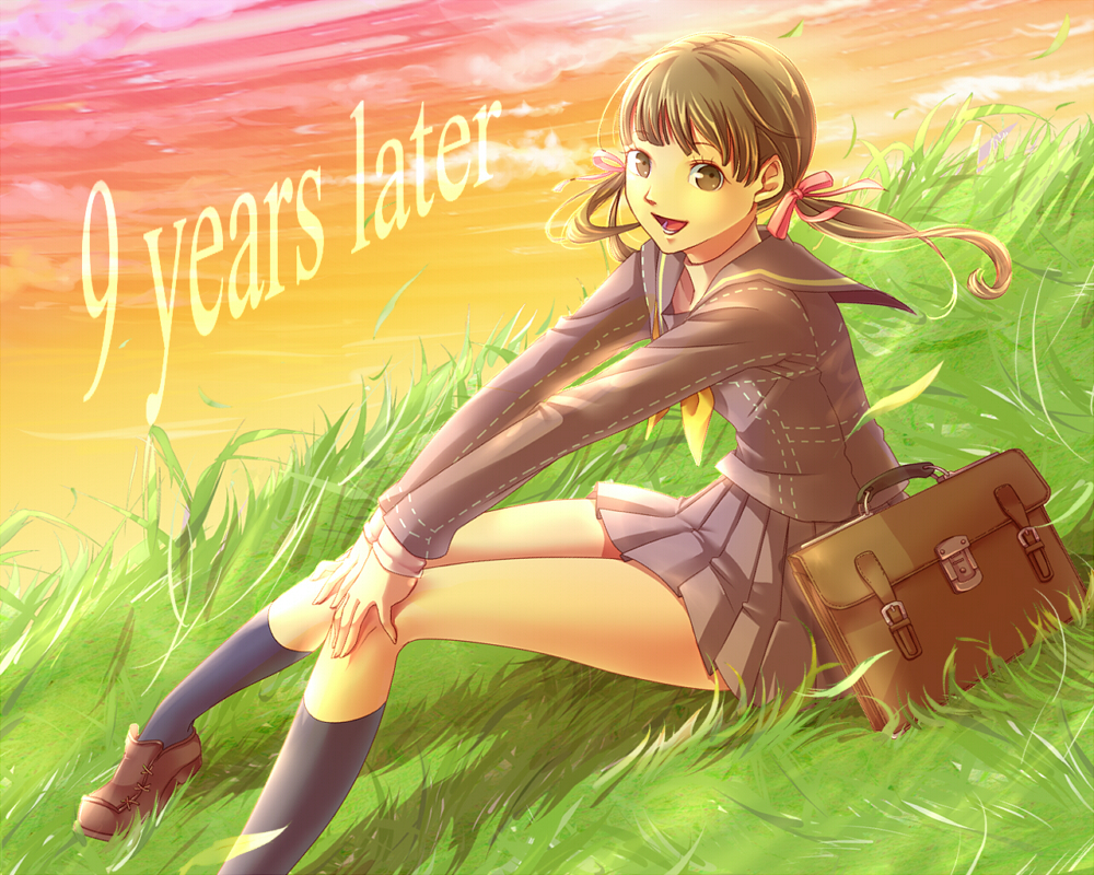 eeteru, doujima nanako, atlus, persona, persona 4, 1girl, aged up, bag, brown eyes, brown hair, school bag, school uniform