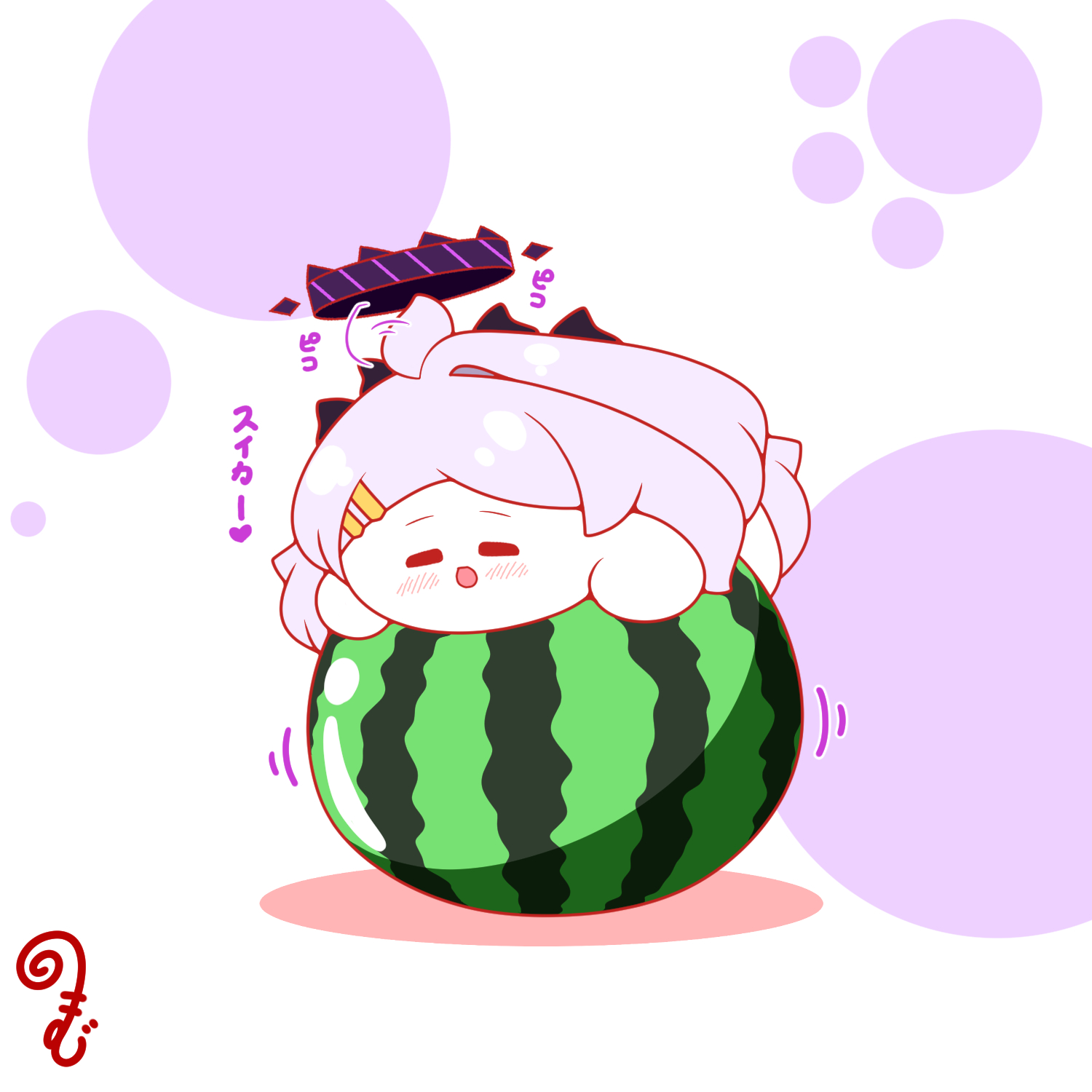 kurukurumagical, hina (blue archive), blue archive, commentary request, highres, translation request, 1girl, :d, ahoge, blush, chibi, chibi only, closed eyes, food, fruit, hair ornament, hairclip, halo, long hair, open mouth, parallel hairclips, purple hair, purple halo, smile, solo, watermelon, white background