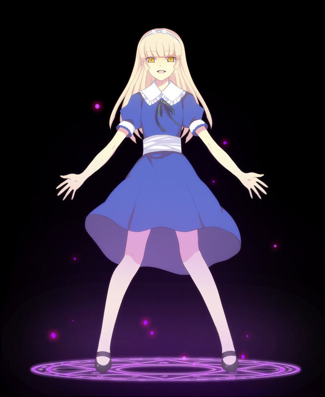 harano, alice (megami tensei), atlus, persona, shin megami tensei, blonde hair, dress, hairband, headband, mary janes, pantyhose, shoes, solo, white pantyhose, yellow eyes