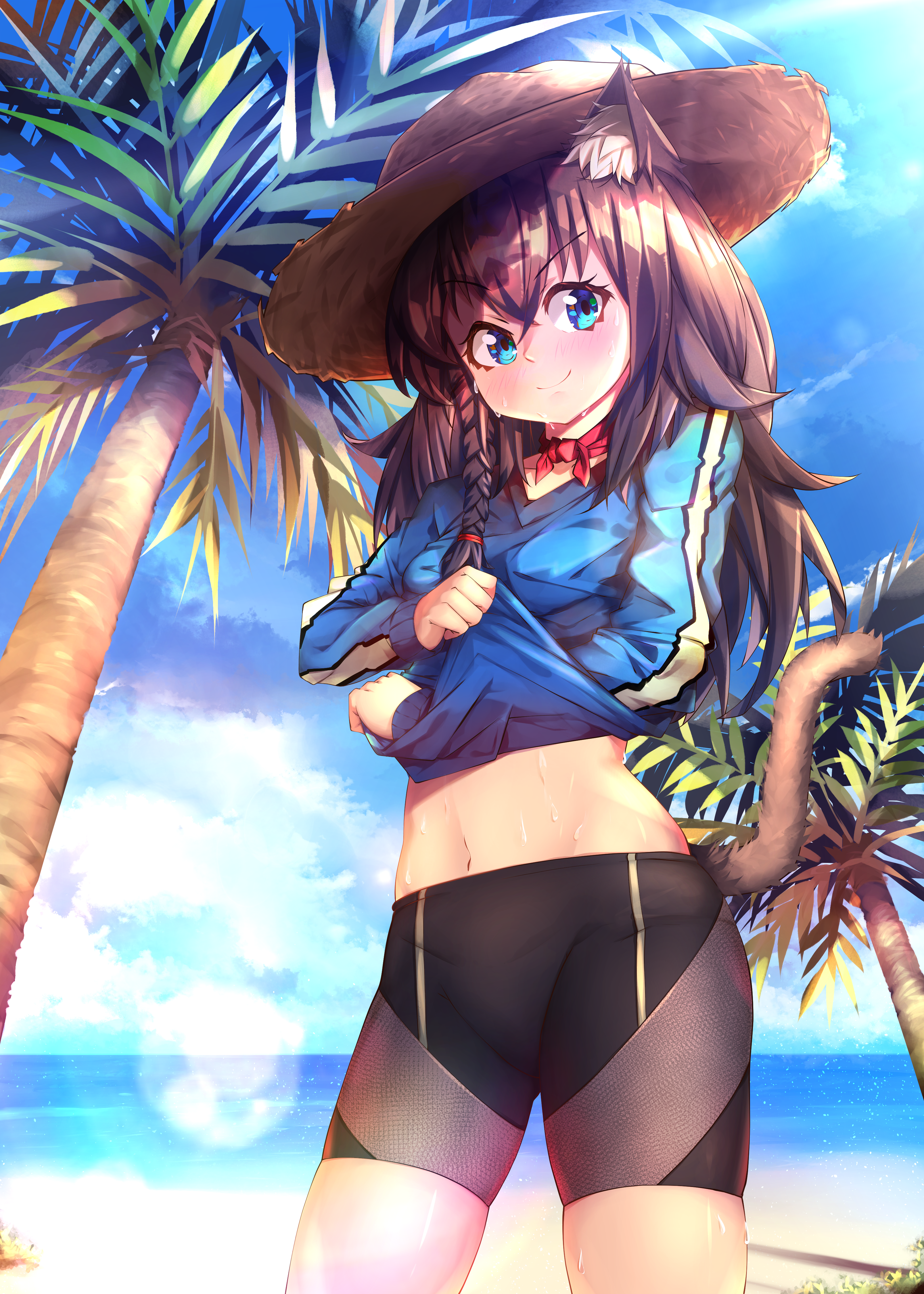 iboobee, original, absurdres, commission, commissioner upload, highres, non-web source, animal ear fluff, animal ears, aqua eyes, beach, bike shorts, braid, brown hair, cat ears, cat girl, cat tail, hat, long hair, mewry (fuki nyan), midriff peek, navel, palm tree, side braid, single braid, smile, straw hat, sweat, sweatdrop, tail, tree