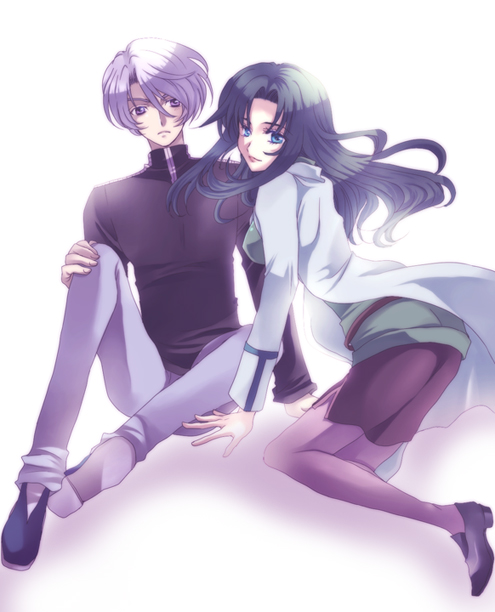 kanasono, kanasono rinne, selene mcgriff, sven cal bayan, gundam, gundam seed, gundam seed c.e. 73: stargazer, bad id, bad pixiv id, 00s, 1boy, 1girl, blue eyes, casual, green hair, kneeling, lab coat, long hair, monochrome, pantyhose, sitting, skirt