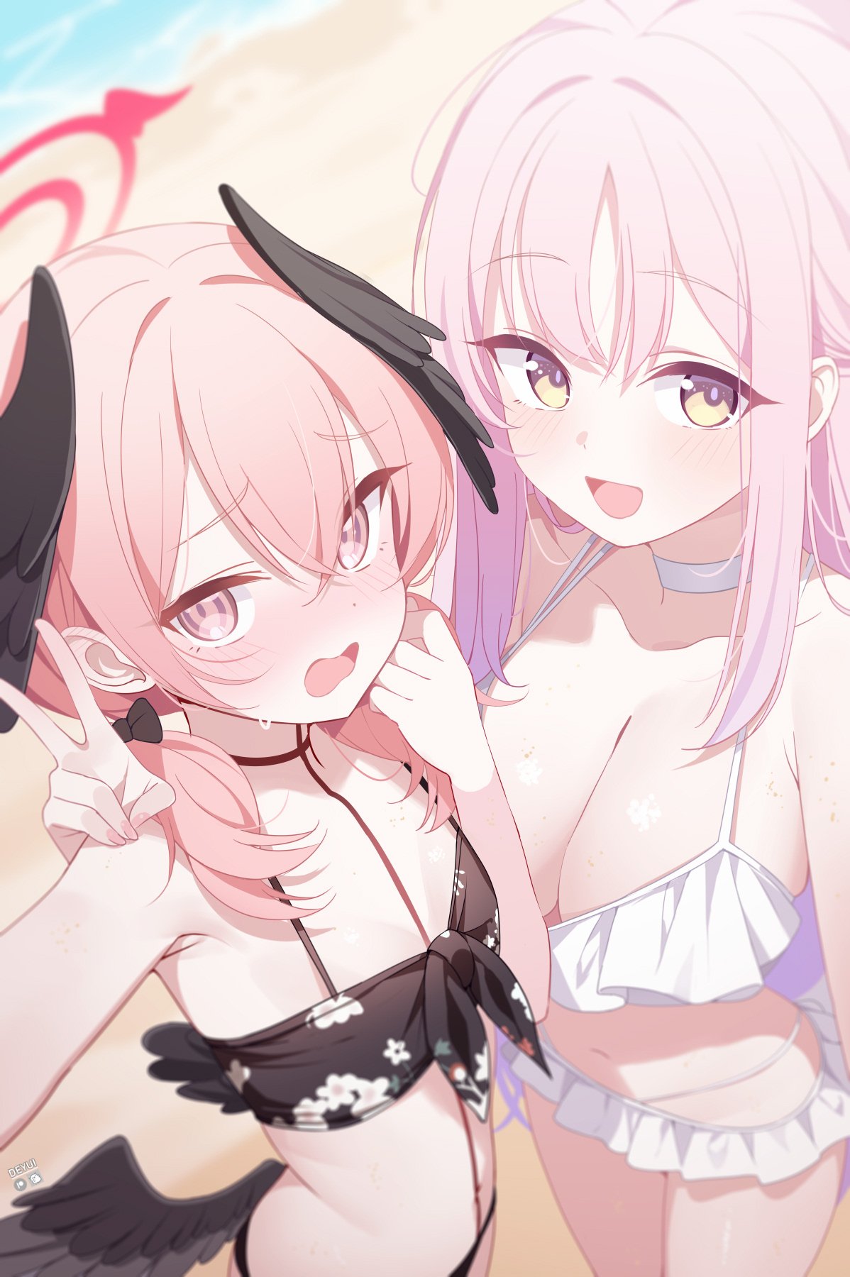 deyui, koharu (blue archive), koharu (swimsuit) (blue archive), mika (blue archive), mika (swimsuit) (blue archive), blue archive, highres, 2girls, beach, bikini, black bikini, black tube top, blurry, blurry background, body markings, breasts, cleavage, crossed bangs, feathered wings, flat chest, floral print, floral print bikini, frilled bikini, frills, hair between eyes, head wings, large breasts, low wings, multiple girls, navel, official alternate costume, official alternate hairstyle, outdoors, pink eyes, pink hair, print bikini, stomach, strapless, sweat, swimsuit, tube top, v, white bikini, wings, yellow eyes