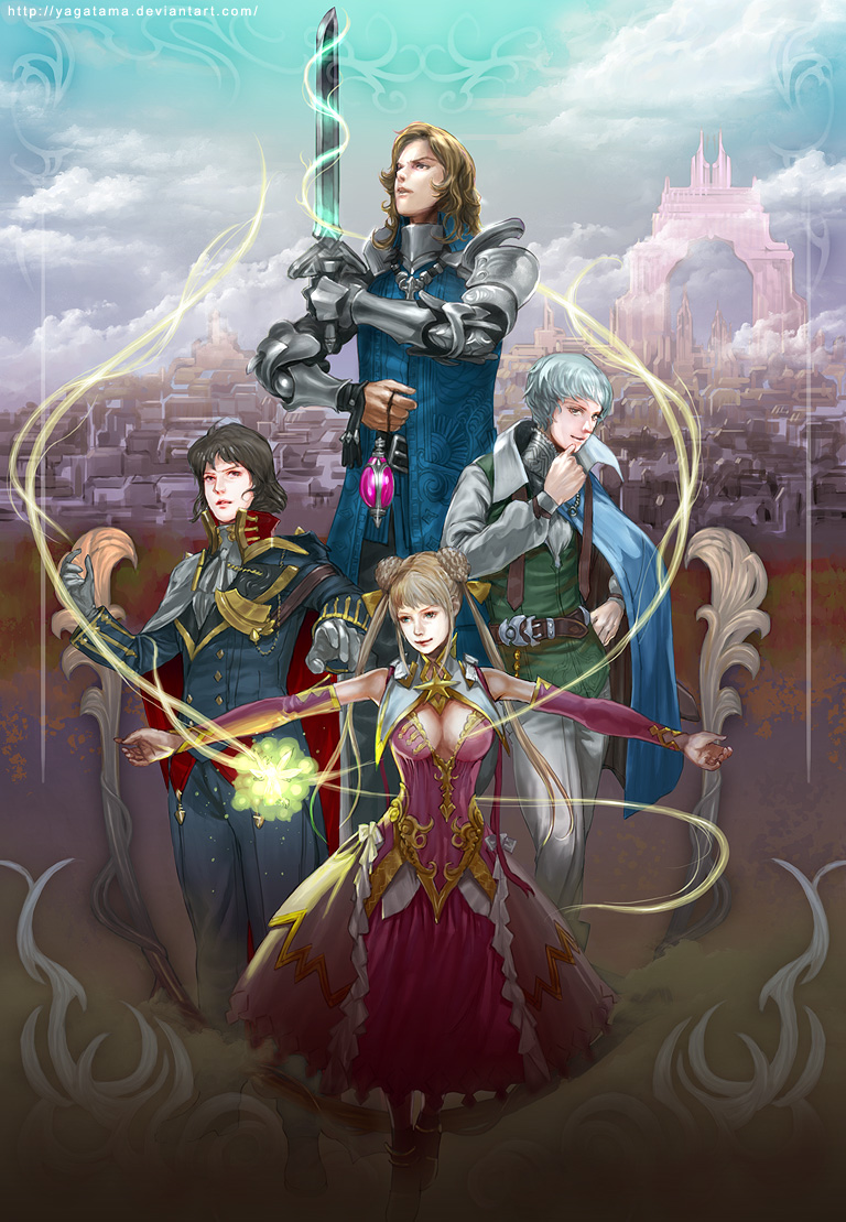 jasmine t, silver hair, 1girl, 3boys, black hair, braid, breasts, brown hair, cityscape, cleavage, double bun, dress, fantasy, multiple boys, outstretched arms, pink dress, short hair, spread arms, sword, weapon