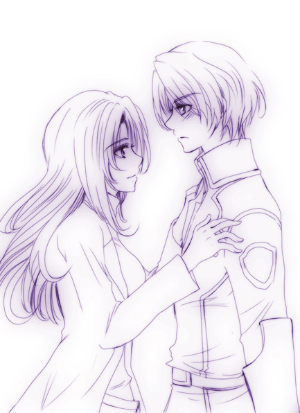 kanasono, kanasono rinne, selene mcgriff, sven cal bayan, gundam, gundam seed, gundam seed c.e. 73: stargazer, bad id, bad pixiv id, 00s, 1boy, 1girl, lab coat, long hair, military, military uniform, monochrome, purple theme