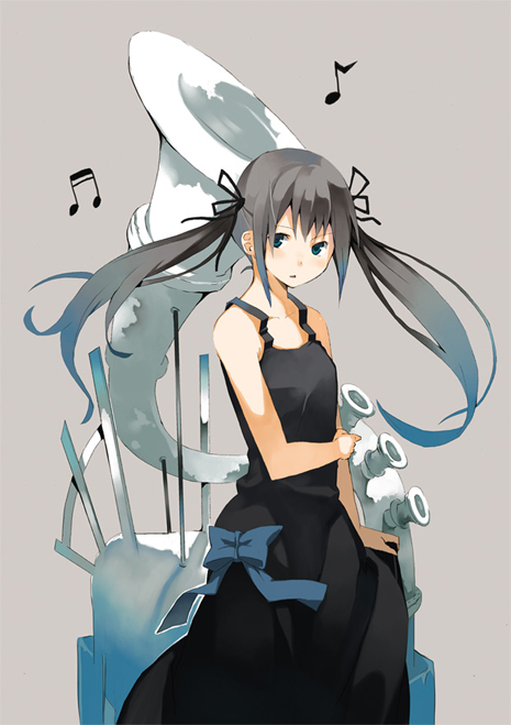 kuchibue, original, silver hair, 1girl, bare shoulders, bottle, collarbone, cowboy shot, dress, female focus, grey background, long hair, looking at viewer, musical note, simple background, sleeveless, sleeveless dress, solo, twintails, very long hair