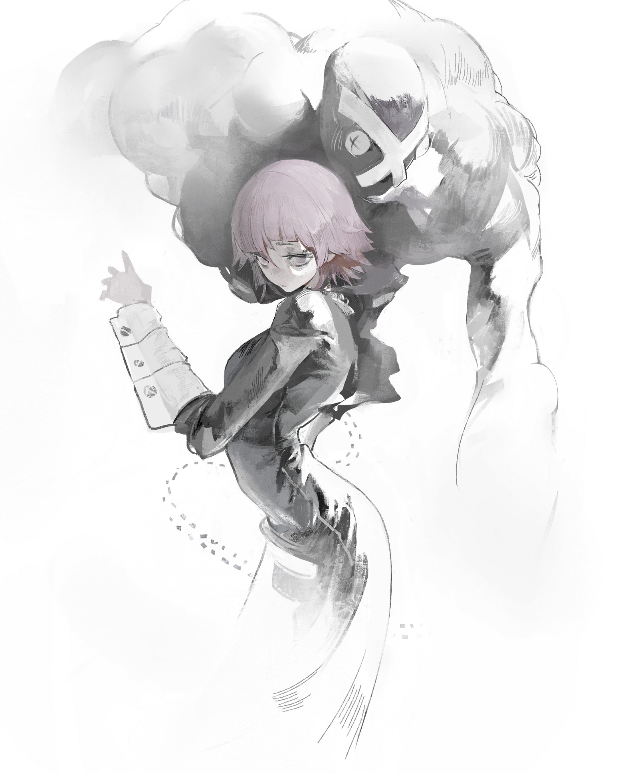 kanji (nievart), crona (soul eater), ragnarok (soul eater), soul eater, absurdres, highres, 1other, androgynous, black dress, dress, hair between eyes, long sleeves, other focus, pink hair, short hair, simple background, white background