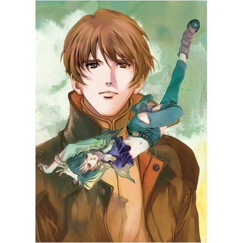 mikimoto haruhiko, fan hulic, lira florenz, tytania, lowres, scan, 1boy, 1girl, ankle boots, arms up, boots, brown eyes, brown hair, closed mouth, denim, expressionless, falling, jeans, long sleeves, looking at viewer, midriff, navel, pants, stomach