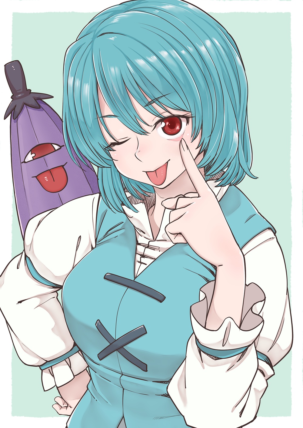 poronegi, tatara kogasa, touhou, commentary request, highres, 1girl, blue hair, blue vest, eyelid pull, juliet sleeves, karakasa obake, long sleeves, one eye closed, puffy sleeves, purple umbrella, red eyes, shirt, simple background, tongue, tongue out, umbrella, vest, white shirt