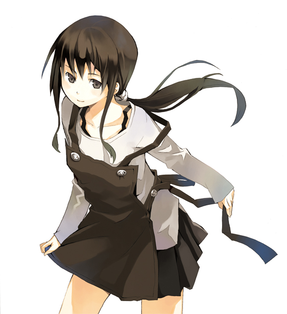 kuchibue, original, 1girl, apron, black dress, black hair, buttons, dress, female focus, long sleeves, looking at viewer, ponytail, sidelocks, simple background, solo, standing, white background