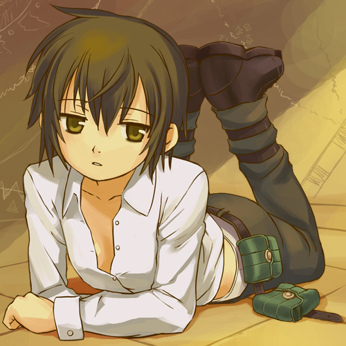 haruyama kazunori, kino (kino no tabi), kino no tabi, lowres, 00s, 1girl, androgynous, belt, brown eyes, brown hair, downpants, dress shirt, female focus, flat chest, lying, on stomach, panties, panty slip, pouch, reverse trap, shirt, short hair, solo, unbuttoned, underwear, white panties