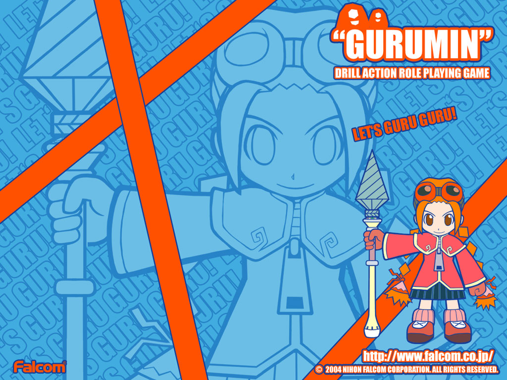 parin, falcom, gurumin, 1girl, 2000s (style), 2004, blue background, blue skirt, brown eyes, coat, determined, drill, english text, gloves, holding, holding weapon, orange goggles, orange hair, pink coat, pink socks, red gloves, red shoes, shoes, skirt, socks, solo, twintails, weapon, zipper