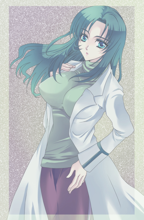 kanasono, kanasono rinne, selene mcgriff, gundam, gundam seed, gundam seed c.e. 73: stargazer, bad id, bad pixiv id, 00s, 1girl, blue eyes, breasts, female focus, green hair, huge breasts, lab coat, long hair, pencil skirt, skirt, solo