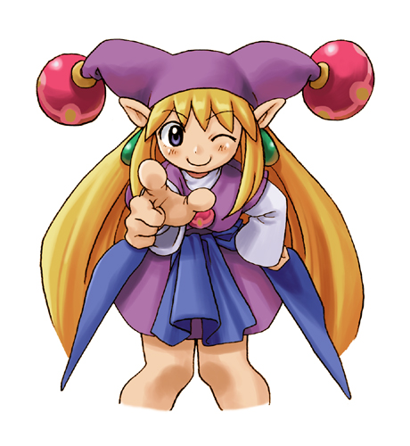 ryoji (nomura ryouji), kururu (marl kingdom), kururu (rhapsody), marl kingdom, nippon ichi, puppet princess (marl kingdom), lowres, 1girl, blonde hair, dress, earrings, fairy, female focus, hat, jester cap, jewelry, long hair, pointy ears, solo