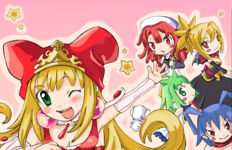 laharl, ledgem (marl kingdom), marona (phantom brave), prier, princess kururu, rozalin, disgaea, la pucelle, little princess, makai senki disgaea 2, makai senki disgaea 3, marl kingdom, nippon ichi, puppet princess (marl kingdom), lowres, 1boy, 4girls, blonde hair, blue hair, company connection, crossover, demon boy, demon girl, earrings, fang, green eyes, green hair, happy, hat, jewelry, multiple girls, red eyes, red hair, wings