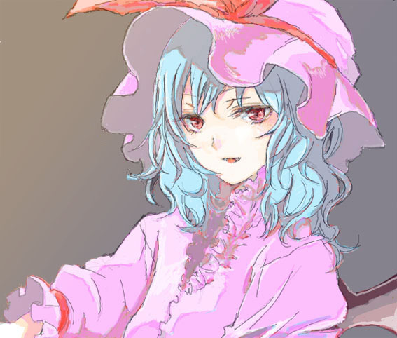 shippori, shishou, remilia scarlet, touhou, silver hair, 1girl, :d, bat wings, blush, female focus, grey background, hat, looking at viewer, mob cap, open mouth, puffy short sleeves, puffy sleeves, red eyes, short sleeves, simple background, smile, solo, wings
