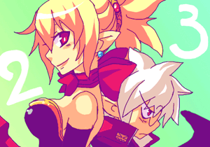 tsuyuka (sunny spot), mao (disgaea), rozalin, disgaea, makai senki disgaea 2, makai senki disgaea 3, nippon ichi, lowres, 1boy, 1girl, blonde hair, demon boy, demon girl, dress, glasses, pointy ears, white hair