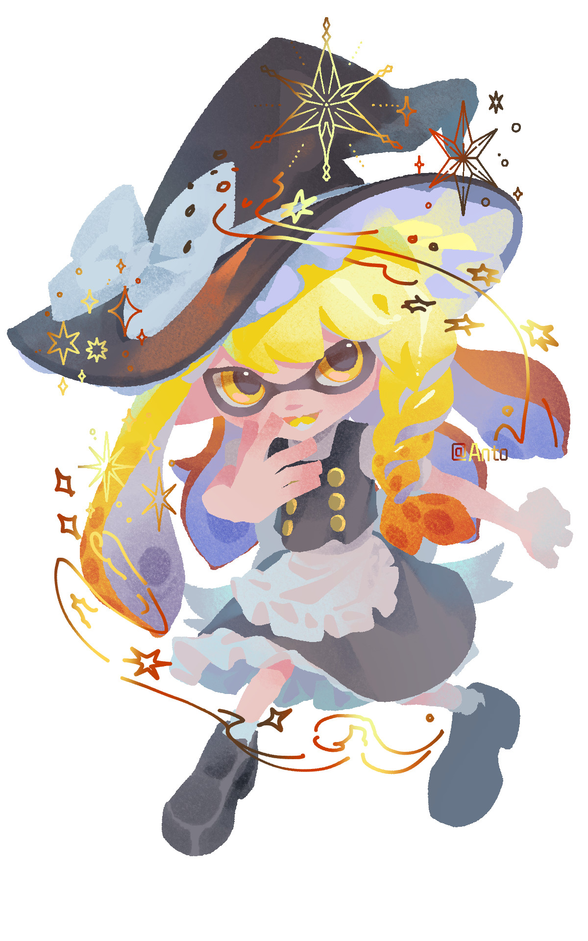 kirisame marisa, nintendo, original, splatoon (series), touhou, highres, 1718anto800, 1girl, apron, blonde hair, braid, cosplay, full body, hat, kirisame marisa (cosplay), looking at viewer, short sleeves, side braid, solo, white apron, white background, witch hat