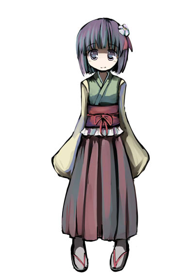 gatau, hieda no akyuu, perfect memento in strict sense, touhou, 1girl, blue eyes, bob cut, female focus, flower, hair flower, hair ornament, japanese clothes, purple hair, short hair, smile, solo